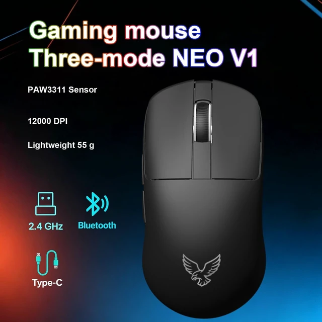 Alt view image 2 of 5 - ZaryMax NEO V1 Bluetooth Mouse,Tri-Mode BT/2.4G, 55g,12000DPI, RGB,Black