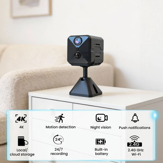 Alt view image 2 of 5 - aidowocam 2026 Upgraded 4K HD Mini Security Camera, Wireless WiFi Indoor Nanny Cam with Night Vision, Motion Detection, Remote Viewing & 100-Day Battery Life