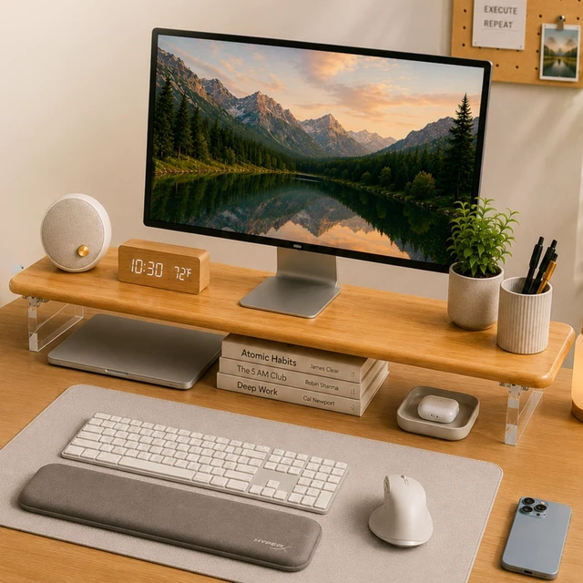 Main image of Bamboo Monitor Riser, Wide Desktop Monitor Stand for Desk with Clear Acrylic Legs, 31.5 x 8inch Bamboo Wood Shelf, Fit Keyboard, Home Office Workspace Accessories, Study Stationaries Storage (Natural)