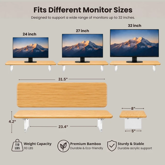 Alt view image 2 of 5 - Bamboo Monitor Riser, Wide Desktop Monitor Stand for Desk with Clear Acrylic Legs, 31.5 x 8inch Bamboo Wood Shelf, Fit Keyboard, Home Office Workspace Accessories, Study Stationaries Storage (Natural)