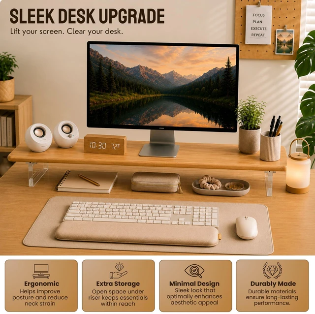 Alt view image 4 of 5 - Bamboo Monitor Riser, Wide Desktop Monitor Stand for Desk with Clear Acrylic Legs, 31.5 x 8inch Bamboo Wood Shelf, Fit Keyboard, Home Office Workspace Accessories, Study Stationaries Storage (Natural)