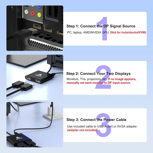 Alt view image 2 of 5 - DisplayPort to Dual DisplayPort Adapter, DisplayPort Splitter 1 in 2 out