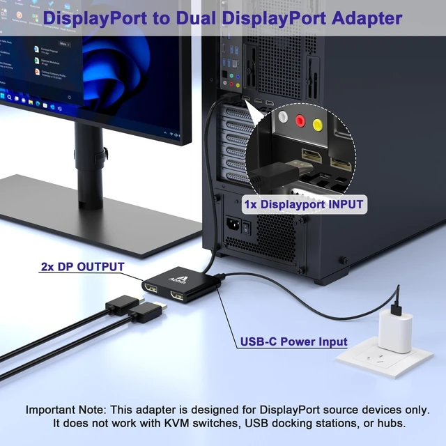 Alt view image 4 of 5 - DisplayPort to Dual DisplayPort Adapter, DisplayPort Splitter 1 in 2 out