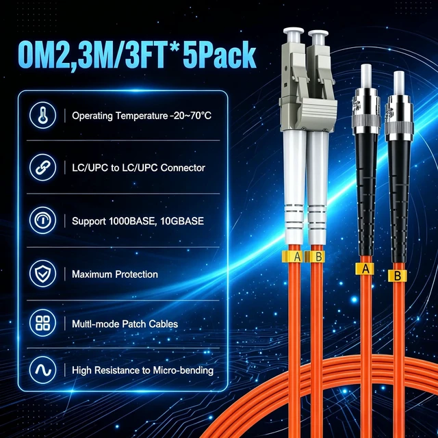 Alt view image 2 of 5 - SK-LINK OM2 LC to ST Fiber Optic Patch Cable 3m/10ft 5-Pack Duplex LSZH