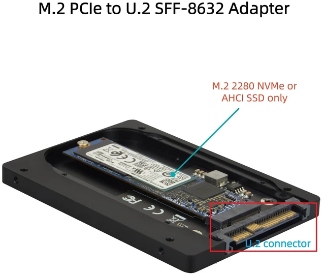 Alt view image 3 of 5 - GEEHOOD M.2 PCIe 4.0 3.0 NVMe SSD to U.2 (SFF-8639) 2.5 Inch Enclosure, Only for M.2 PCI-e Bus NVMe or AHCI Protocol SSD, Not Compatible with SATA SSD nor SAS Controllers