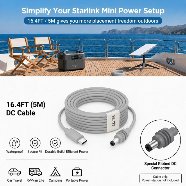 Alt view image 3 of 5 - EARLA TEC Starlink Mini USB C to DC Cable, Replacement Power Cord 18AWG Waterproof Compatible with 100W+ PD Source 16.4FT/5M