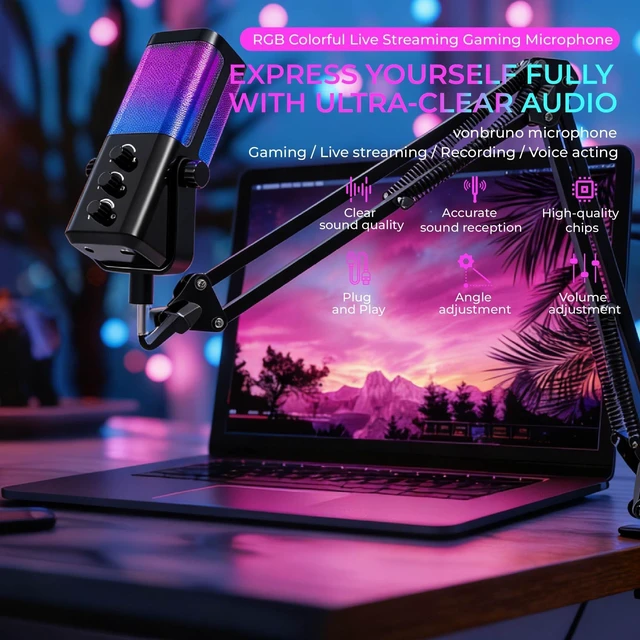 Alt view image 2 of 5 - LENOLL USB Gaming Mic with Boom Arm, ENC Noise Canceling & RGB Lighting
