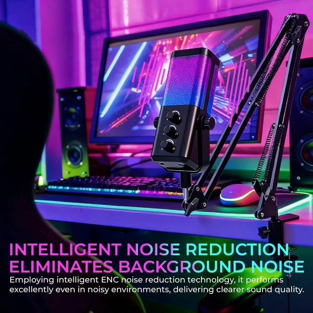Alt view image 4 of 5 - LENOLL USB Gaming Mic with Boom Arm, ENC Noise Canceling & RGB Lighting