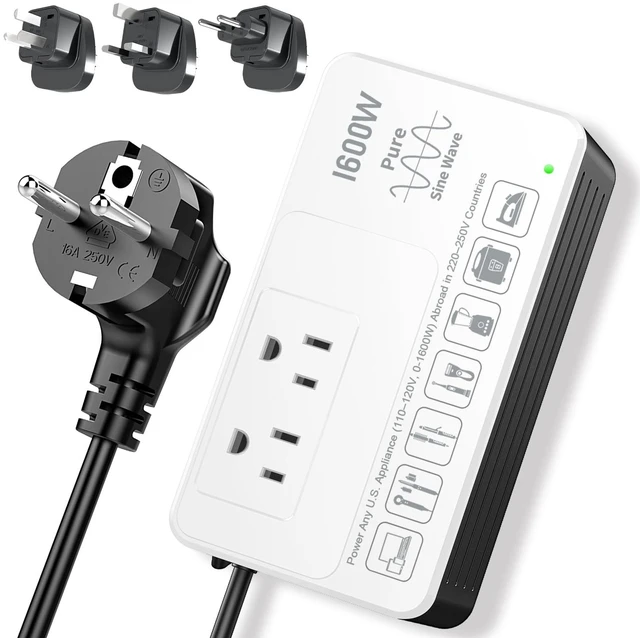 Main image of 1600W Voltage Converter 220V to 110V, Pure Sine Wave - Power Any American Appliance Overseas, No Limitations, Surge Protection, Plug Adapters C, G, I, E/F for US to Europe, Asia Over 168 Countries