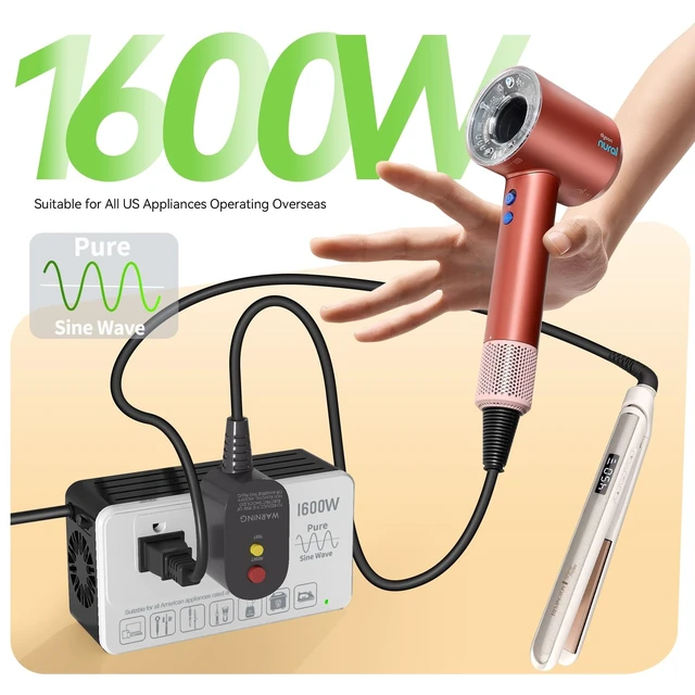 Alt view image 2 of 5 - 1600W Voltage Converter 220V to 110V, Pure Sine Wave - Power Any American Appliance Overseas, No Limitations, Surge Protection, Plug Adapters C, G, I, E/F for US to Europe, Asia Over 168 Countries