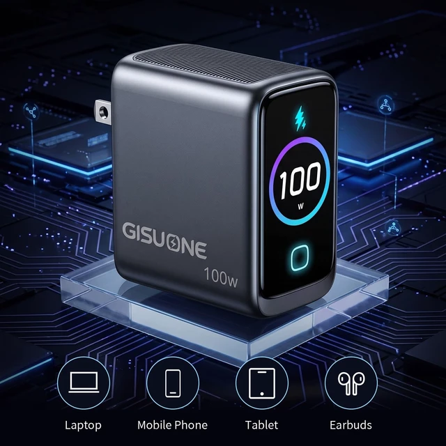 Alt view image 2 of 5 - GISUONE 100W GaN USB-C Smart Charger, 4-Port Compact Foldable Fast Charging for MacBook Pro/Air, iPad Pro, iPhone, Galaxy, Pixel 10/9, Steam Deck, Pixelbook & More