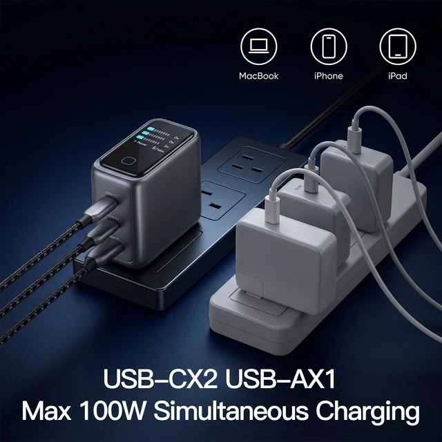 Alt view image 3 of 5 - GISUONE 100W GaN USB-C Smart Charger, 4-Port Compact Foldable Fast Charging for MacBook Pro/Air, iPad Pro, iPhone, Galaxy, Pixel 10/9, Steam Deck, Pixelbook & More