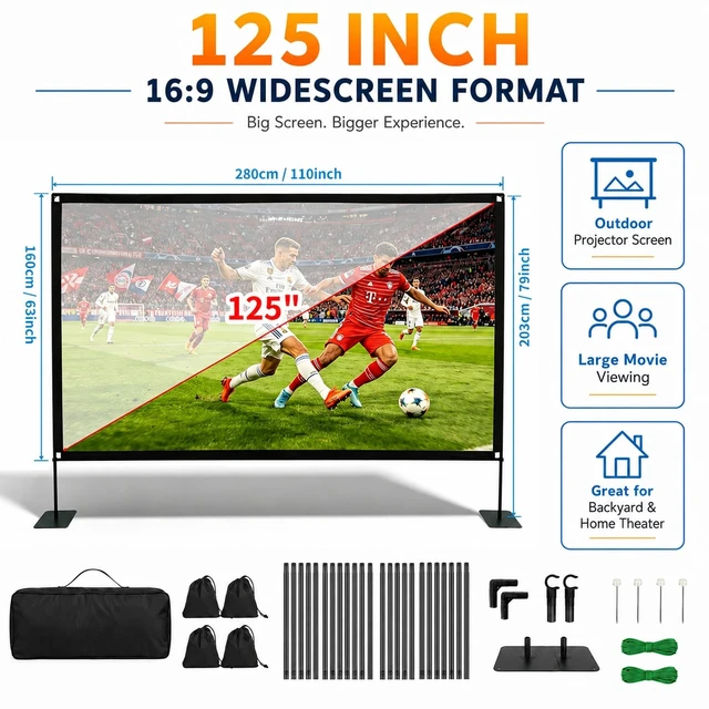 Alt view image 4 of 5 - Outdoor Projector Screen with Stand 120inch 16:9 Portable Projector Screen