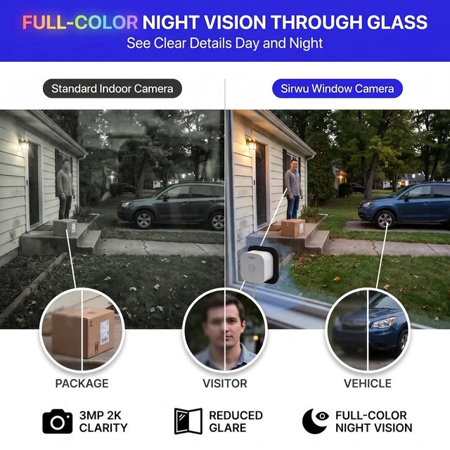 Alt view image 3 of 5 - Sirwu No-Drill Window Camera, 3MP 2K Camera for Home Security, View Outside Through Glass, Color Night Vision, Motion Alerts, 24/7 Recording, Dual-Band WiFi (White, Square)