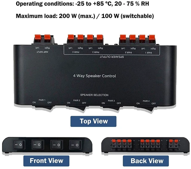 Alt view image 3 of 5 - A ADWITS 4-Channel Speaker Switcher Selector Box with Terminal Claps 200W RMS Max 100W Switchable, Black