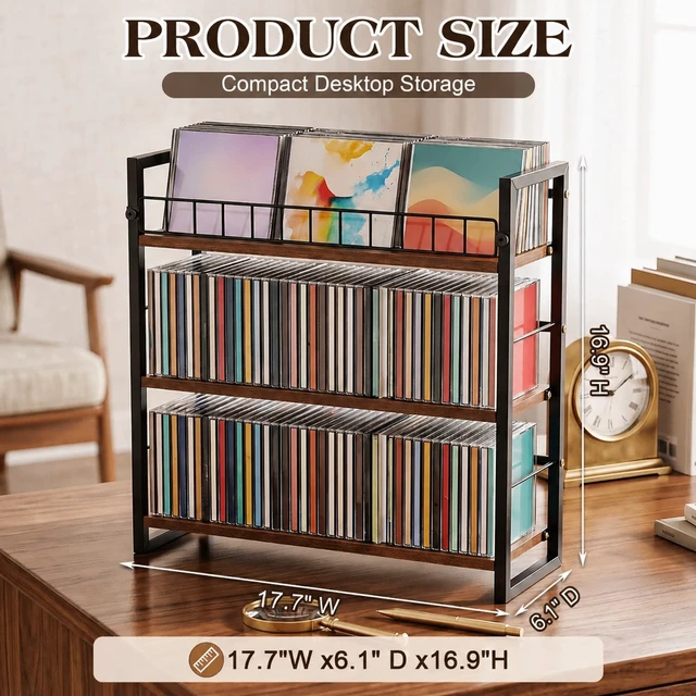 Alt view image 2 of 5 - 3 Tier Cd Rack with Display Top Shelf, Metal Cd Storage Rack Holds 123 Cds