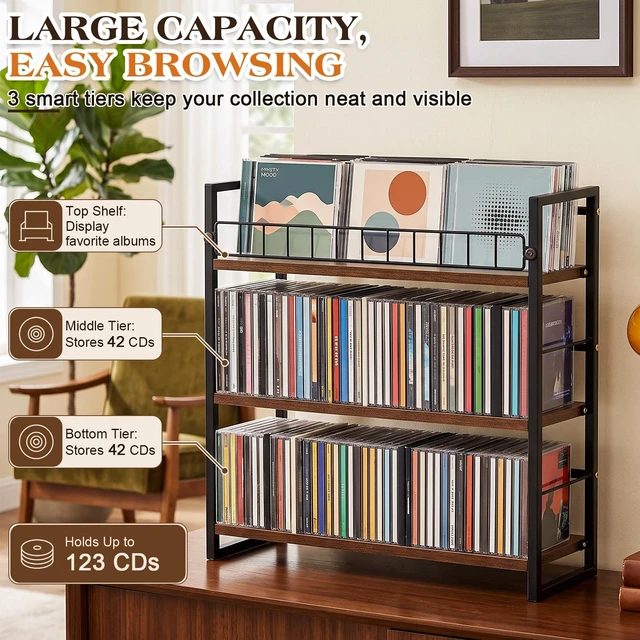 Alt view image 3 of 5 - 3 Tier Cd Rack with Display Top Shelf, Metal Cd Storage Rack Holds 123 Cds