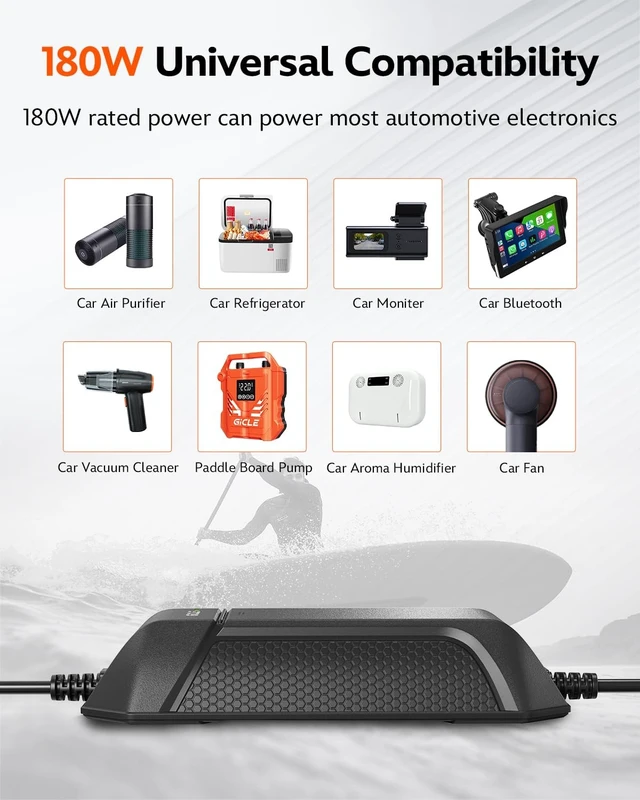 Alt view image 5 of 5 - AC to DC Converter, AC/DC 12V 15A 180W Power Supply Adapter Transformer for Tire Inflator, Car Refrigerator, Paddle Board Pump, 110V to 12V Converter Car Cigarette Lighter Adapter Power Supply