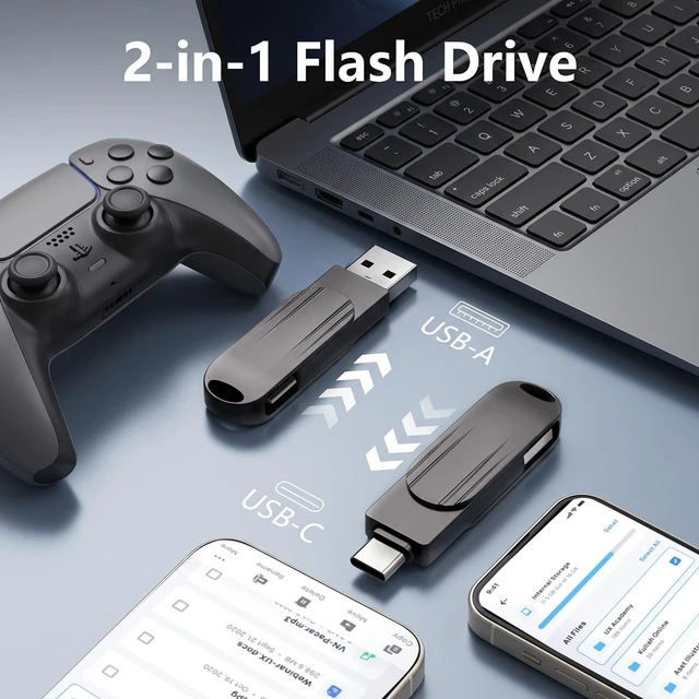 Alt view image 2 of 5 - Skiddrive 128GB USB Flash Drive for iPhone, USB-A and Type-C Thumb Drive