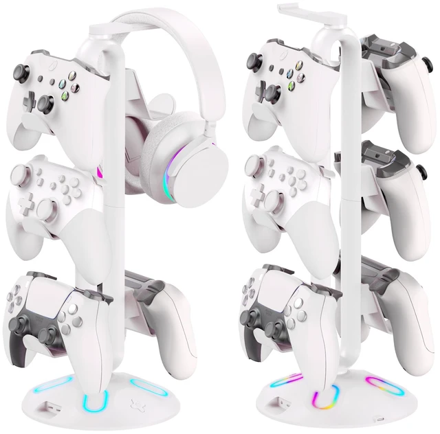 Main image of Canmarin RGB Headphone Stand and Controller Holder With 9 Light Modes - 2 USB Charging Ports, 3.5mm & Type-C - Hanger Accessories for Desk and Gamer (White)