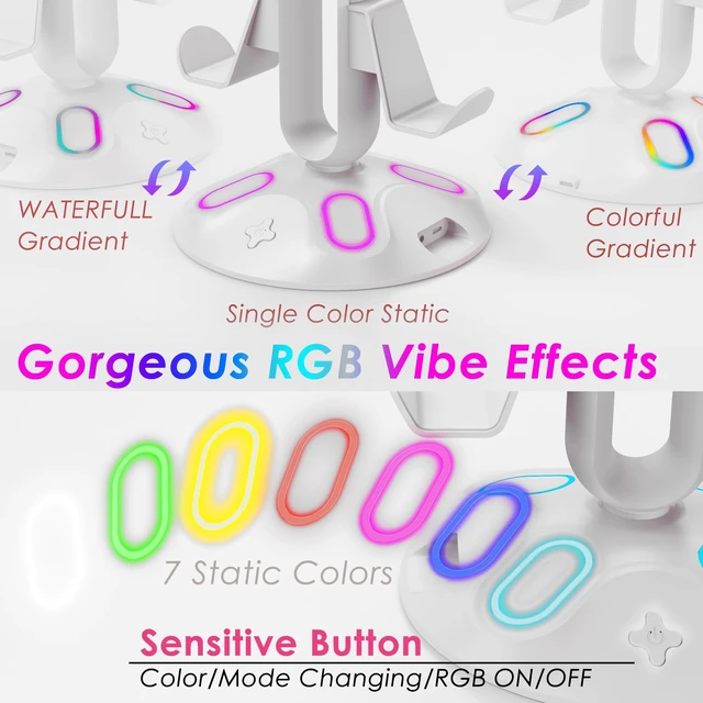 Alt view image 2 of 5 - Canmarin RGB Headphone Stand and Controller Holder With 9 Light Modes - 2 USB Charging Ports, 3.5mm & Type-C - Hanger Accessories for Desk and Gamer (White)