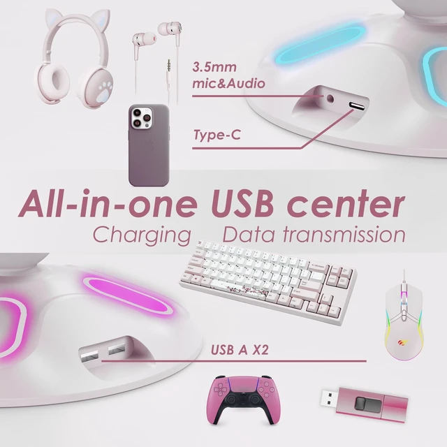 Alt view image 3 of 5 - Canmarin RGB Headphone Stand and Controller Holder With 9 Light Modes - 2 USB Charging Ports, 3.5mm & Type-C - Hanger Accessories for Desk and Gamer (White)