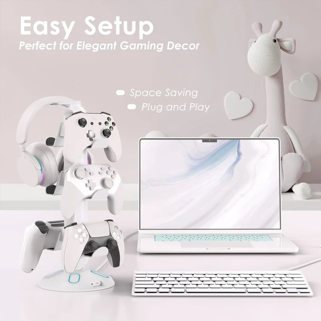 Alt view image 4 of 5 - Canmarin RGB Headphone Stand and Controller Holder With 9 Light Modes - 2 USB Charging Ports, 3.5mm & Type-C - Hanger Accessories for Desk and Gamer (White)