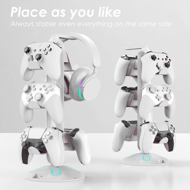 Alt view image 5 of 5 - Canmarin RGB Headphone Stand and Controller Holder With 9 Light Modes - 2 USB Charging Ports, 3.5mm & Type-C - Hanger Accessories for Desk and Gamer (White)