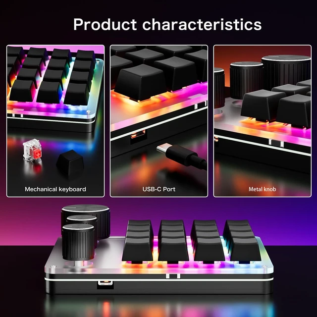 Alt view image 3 of 5 - Erchineko Custom Keypad, 16 Key Programmable Mechanical Keyboard with 3 Layers LED Backlit and Aluminum Knobs, for Gaming Shortcuts (Black)