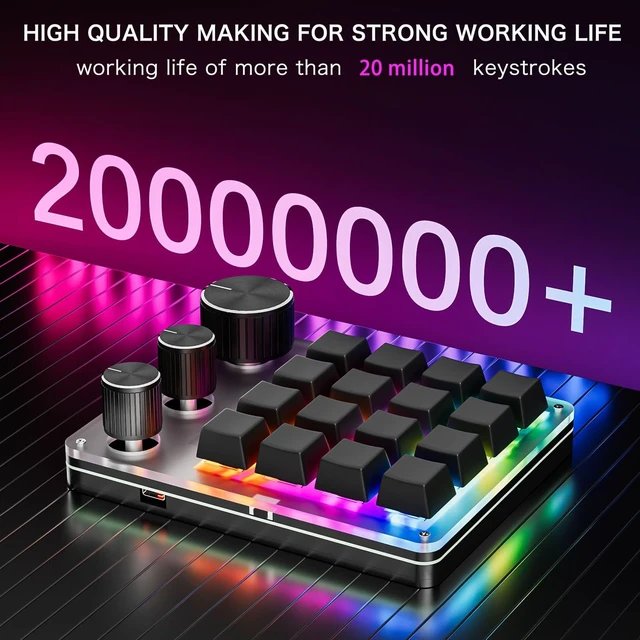 Alt view image 4 of 5 - Erchineko Custom Keypad, 16 Key Programmable Mechanical Keyboard with 3 Layers LED Backlit and Aluminum Knobs, for Gaming Shortcuts (Black)