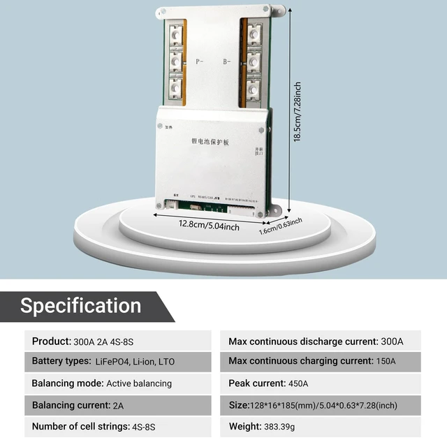 Alt view image 2 of 5 - Li-ion LiFePO4 BMS 300A 4S-8S 12V-24V Lithum ion Battery Management System PCB Protection Board, with 2A Active Balancing Current for LiFePO4 Li-ion LTO Lithium Battery Pack