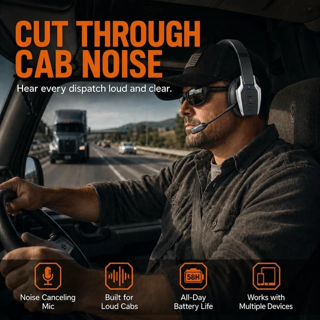 Alt view image 5 of 5 - Bytewave shop Trucker Bluetooth Headset, Bluetooth 6.0 Wireless Headset with ENC Noise Cancelling Mic, 58H Play Time, Hands-Free Headset for Truck Drivers, Office Calls & Driving-Silver