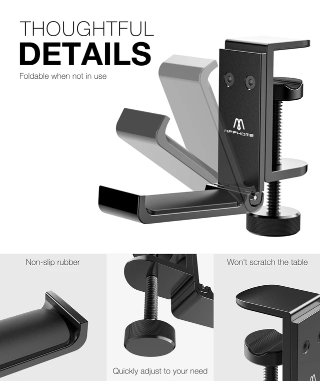 Alt view image 4 of 5 - APPHOME 2 Pack Foldable Headphone Stand Hanger Holder, Aluminum Under Desk Clamp Hook Mount, Space-Saving Soundbar Stand with Universal Fit for Gaming PC Accessories