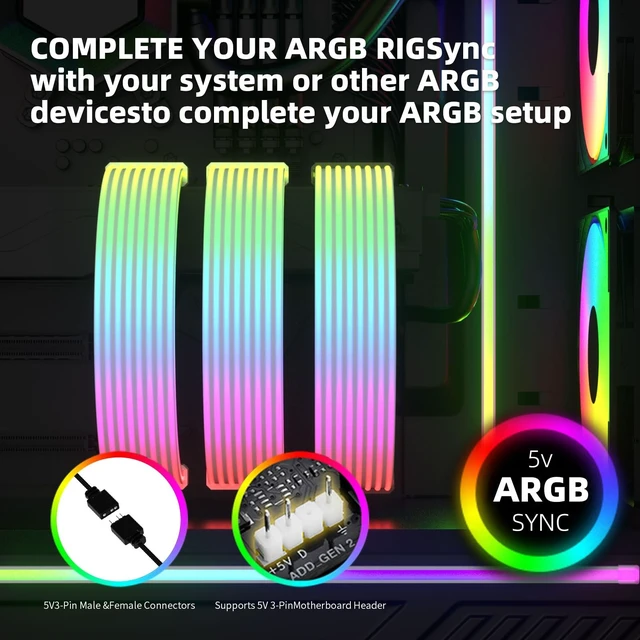 Alt view image 3 of 5 - LDPCSJ RGB Cable Extension PC Kit, Flexible ARGB Lighting Sleeves, RGB PC Cables Extension, Fits 8Pin/24Pin Cover for Motherboard and GPU PC Cables, 5V 3Pin ARGB SYNC, RGB PSU Cables Black