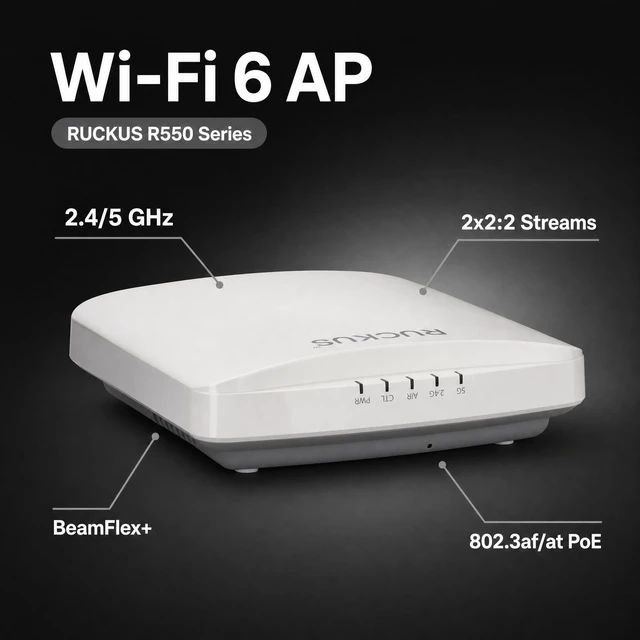 Alt view image 2 of 5 - Ruckus R550 Wi-Fi 6 Indoor Access Point, Dual-Band 2x2:2 MU-MIMO, Up to 1Gbps, 2x1GbE & USB, WPA3, 802.11ax/ac/n, PoE, Model 9U1-R550-US00, Cloud Care Pre-Configured Bundle Eligible