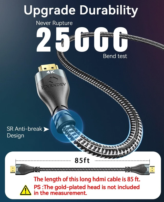 Alt view image 2 of 5 - HXRKDEV 4K HDMI Cable 85Ft, Ultra High Speed HDMI Cable 2.0 Cord Braided (18Gbps), 4K@60Hz, Gold Plated Connector 3D ARC Ethernet HDMI Cord for HD TV Monitor Laptop Xbox PS4/PS5 ect(25.9m)