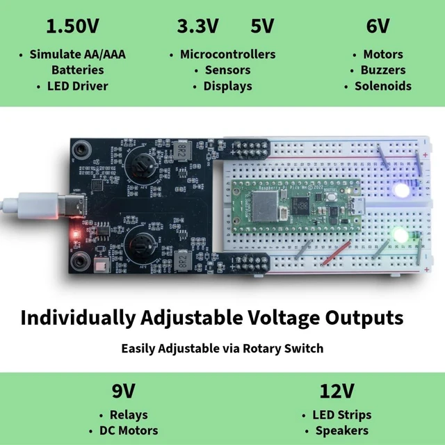 Alt view image 3 of 5 - Bintronics USB-C Adjustable 12V/9V/6V/5V/3.3V/1.5V 2A Total Output Breadboard Power Supply USB-C PD Compatible with Raspberry Pi, Pico W, ESP32