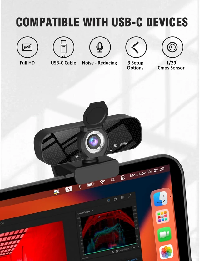 Alt view image 3 of 5 - Gowzmnd HD 1080P Webcam with Built-in Microphone and Rotatable Tripod, 1080P Video and Wide Angle Camera, Privacy Cover, for Desktop PC or Laptop Computer Black