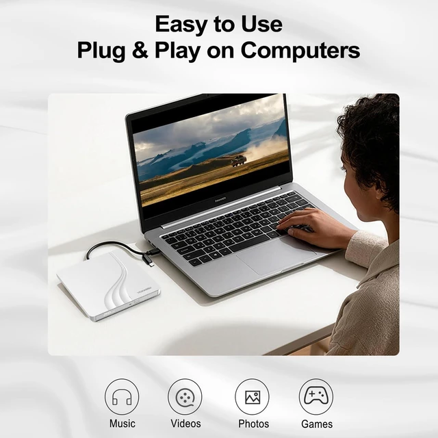 Alt view image 4 of 5 - External CD DVD Drive, 0.5 Ultra Slim USB 3.0 Type-C DVD Player, CD DVD+/-RW Optical Drive, Portable DVD CD Burner Reader Writer Recorder for Laptop, Desktop, Mac, Windows 11/10/8/7, Linux, White