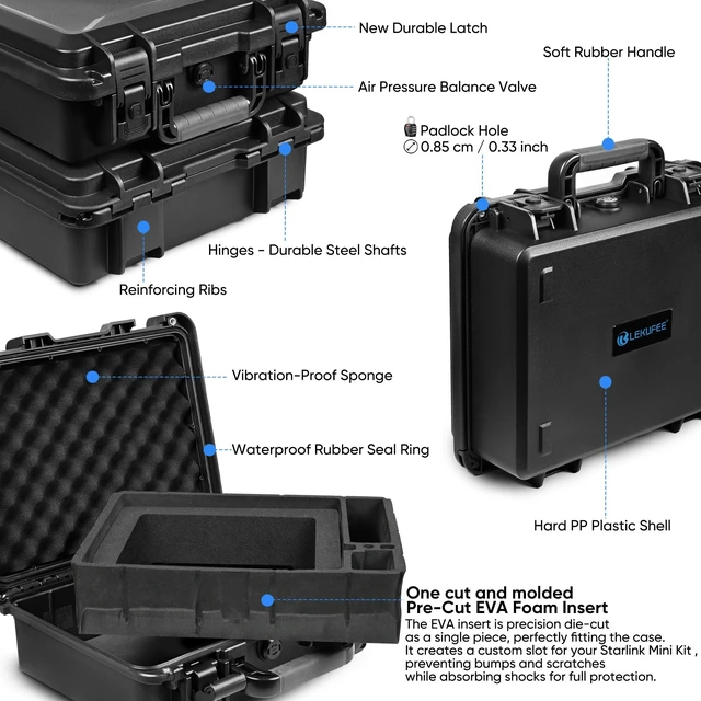Alt view image 3 of 5 - Lekufee Waterproof Hard Case for Starlink Mini Kit, IP67 Protective Carrying Case with Custom EVA Foam Insert, Fits Dish, Adapter, Cable & Accessories, Shockproof Travel Storage Case