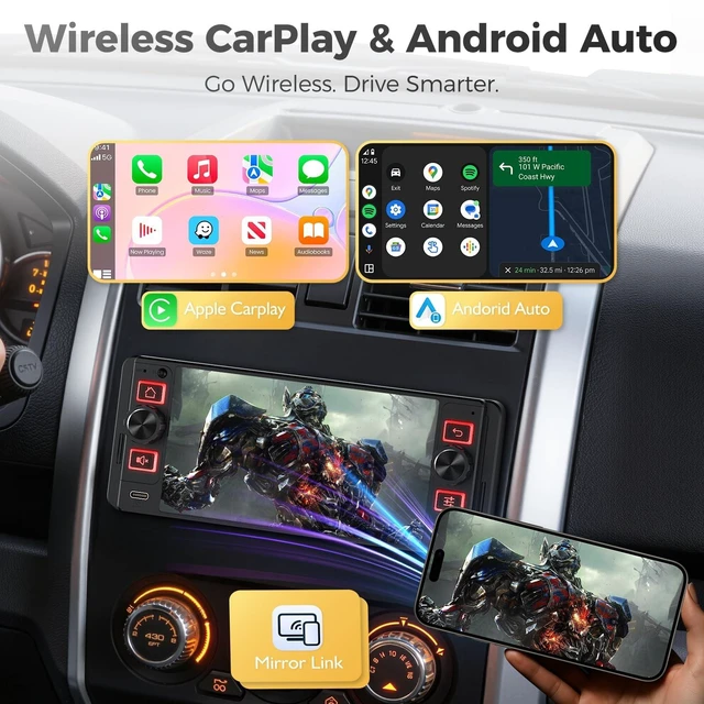 Alt view image 2 of 5 - Single Din Car Stereo with Wireless Apple CarPlay and Android Auto, Single Din Touchscreen Radio Incell UHD Car Radio with 1080P Backup Camera, Mirror Link, Bluetooth 5.3, GPS, AM&FM, Type-C, E