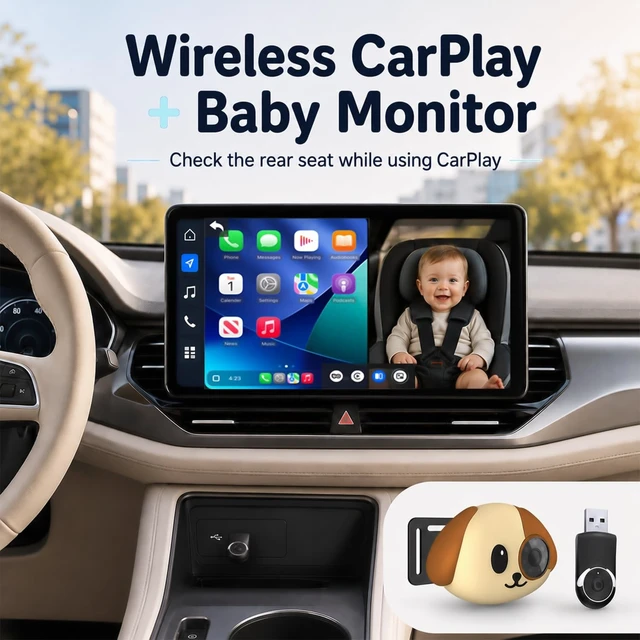 Alt view image 2 of 5 - Baby Car Camera with Wireless CarPlay Adapter, 1080P Car Baby Monitor for Factory Screen, Picture-in-Picture Navigation, Cute Dag Silicone Design (for iPhone Only)