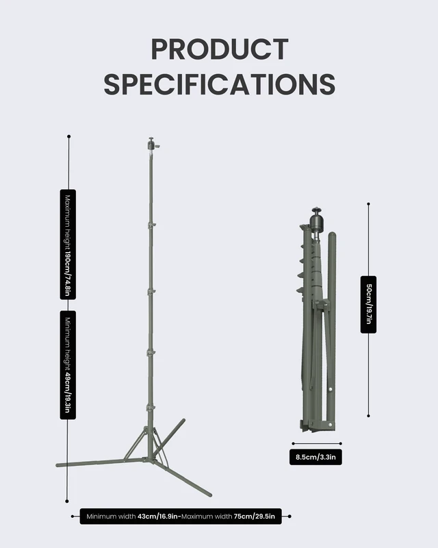 Alt view image 3 of 5 - CLAYMORE Tripod Stand (Light Khaki) - Lightweight Aluminum Outdoor Action Camera, Fan & Lighting Stand, 1/4" Mount, 19-75in, 360 Ball Head, Wind-Resistant. Carrying Case and Dual-Sided Hook.