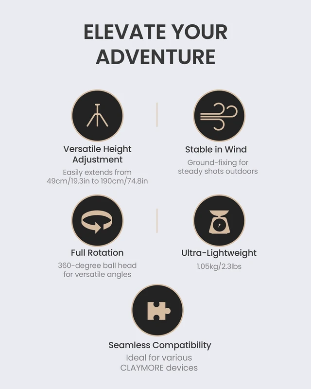 Alt view image 4 of 5 - CLAYMORE Tripod Stand (Light Khaki) - Lightweight Aluminum Outdoor Action Camera, Fan & Lighting Stand, 1/4" Mount, 19-75in, 360 Ball Head, Wind-Resistant. Carrying Case and Dual-Sided Hook.