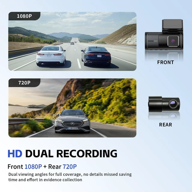 Alt view image 2 of 5 - Dual Dash Cam, 1080P Front + 720P Rear, Wi-Fi App Control, Loop Recording, G-Sensor, No SD Card Included