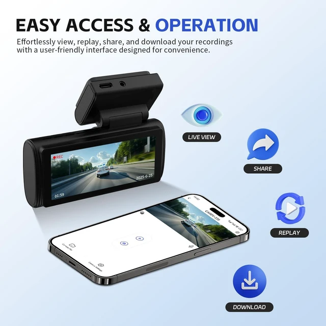 Alt view image 4 of 5 - Dual Dash Cam, 1080P Front + 720P Rear, Wi-Fi App Control, Loop Recording, G-Sensor, No SD Card Included