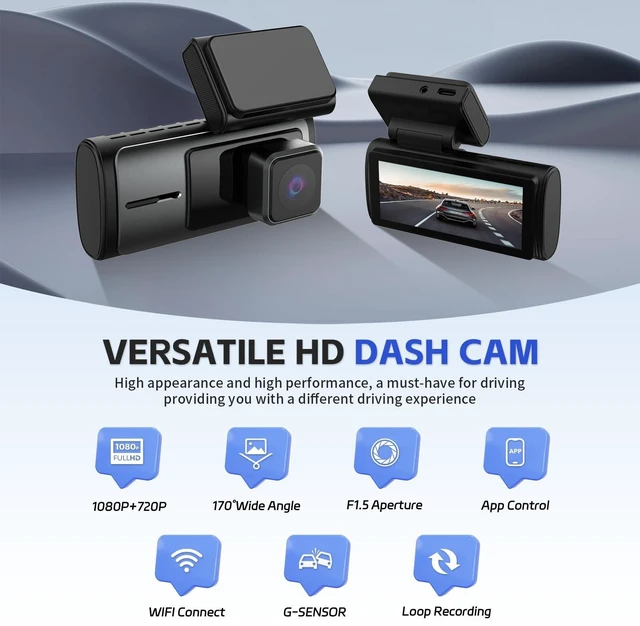 Alt view image 5 of 5 - Dual Dash Cam, 1080P Front + 720P Rear, Wi-Fi App Control, Loop Recording, G-Sensor, No SD Card Included
