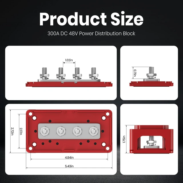 Alt view image 2 of 5 - 300A Bus Bar 48V DC Power Distribution Block with 4*M8 Terminal Studs