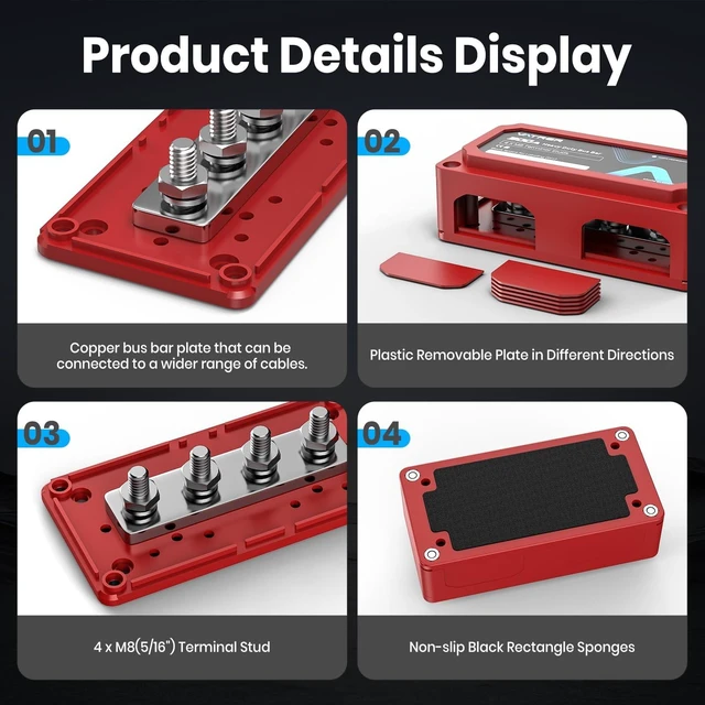 Alt view image 3 of 5 - 300A Bus Bar 48V DC Power Distribution Block with 4*M8 Terminal Studs