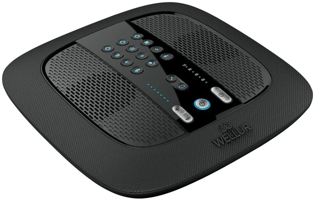 Main image of WELLUR - Stereo Sound White Noise and Natural Sound Sleep Machine with Relaxing Spa Music. Dual Build in Speakers & 3.5mm Headphone Jack, with Timer Option and USB 2.1A Port. Adapter Included (Black)